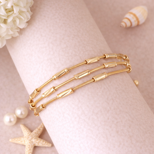 Triple-Line Gold Bracelet with Textured Beads